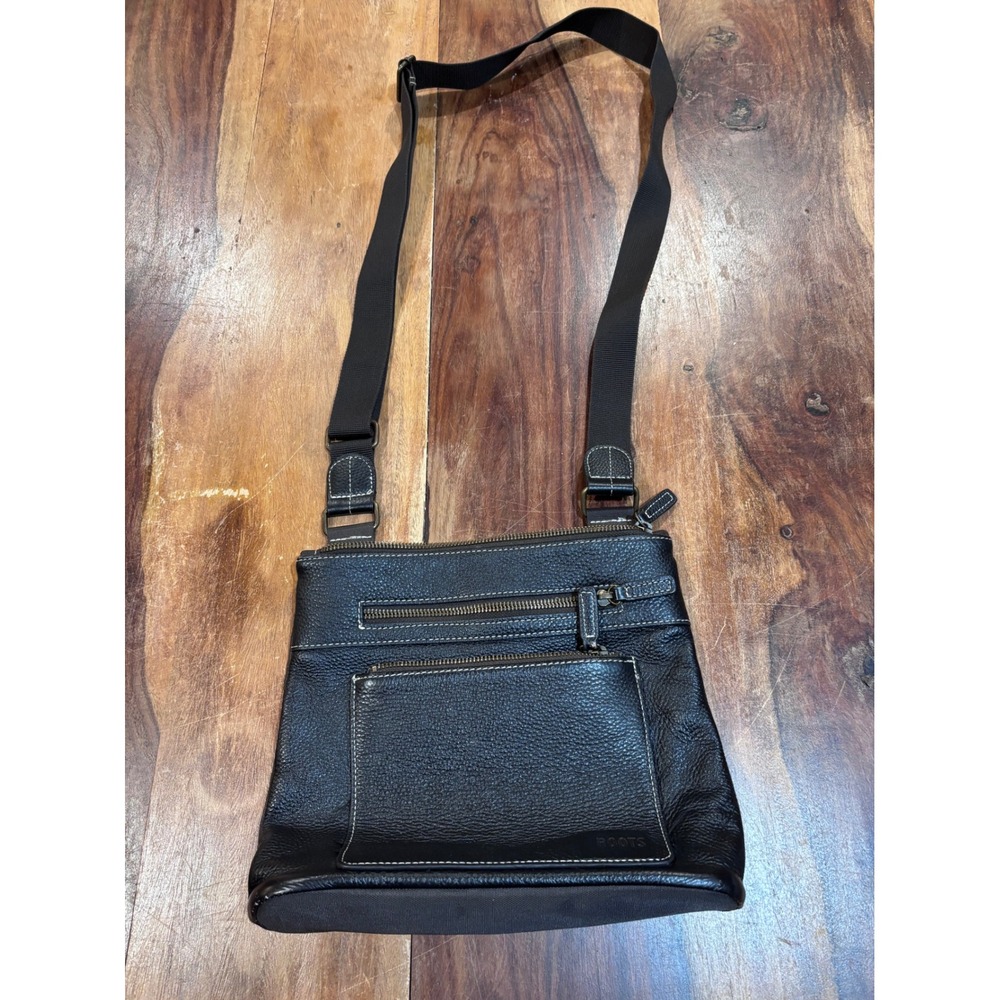 ROOTS crossbody bag unisex dark brown pebbled leather canvas contrast stitch